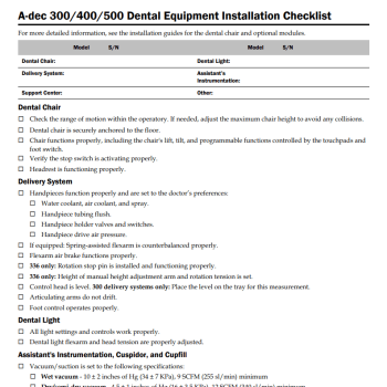 A-dec 300/400/500 Dental Equipment Installation Checklist