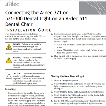 A-dec 371 or 571-300 Dental Light on A-dec 511 Chair Installation Guide