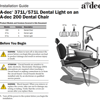 A-dec 371L-571L Dental Light on an A-dec 200 Dental Chair Installation Guide