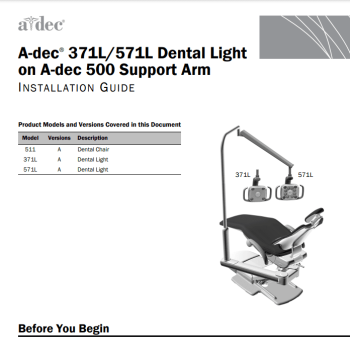 A-dec 371L or 571L Dental Light on an A-dec 500 Support Arm Installation Guide