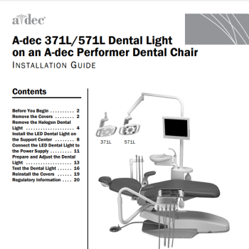 A-dec 371L or 571L Dental Light on an A-dec Performer Dental Chair Installation Guide