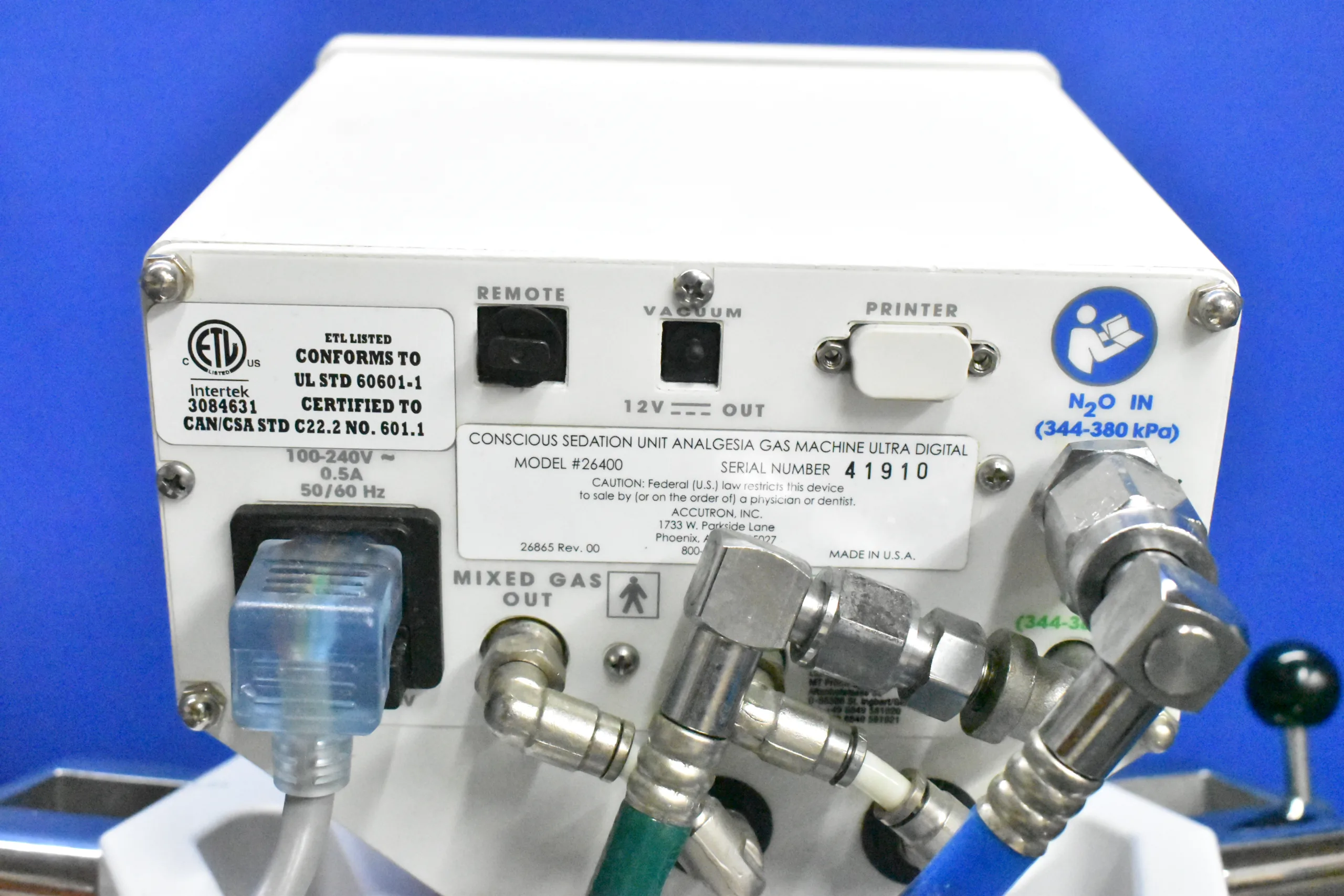 Accutron Conscious Sedation Unit Analgesia Gas Machine Ultra Digital 26400