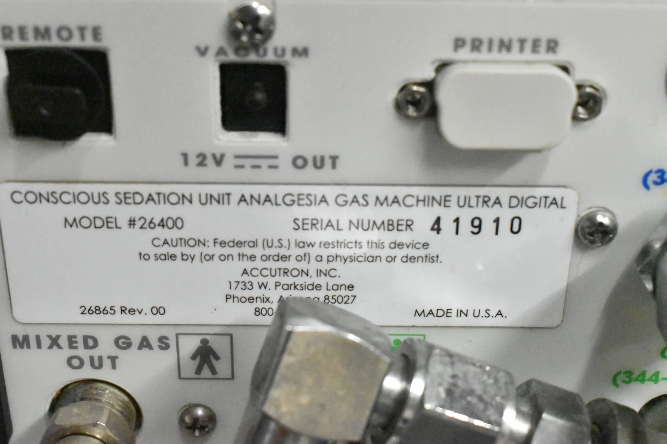 Accutron Conscious Sedation Unit Analgesia Gas Machine Ultra Digital 26400